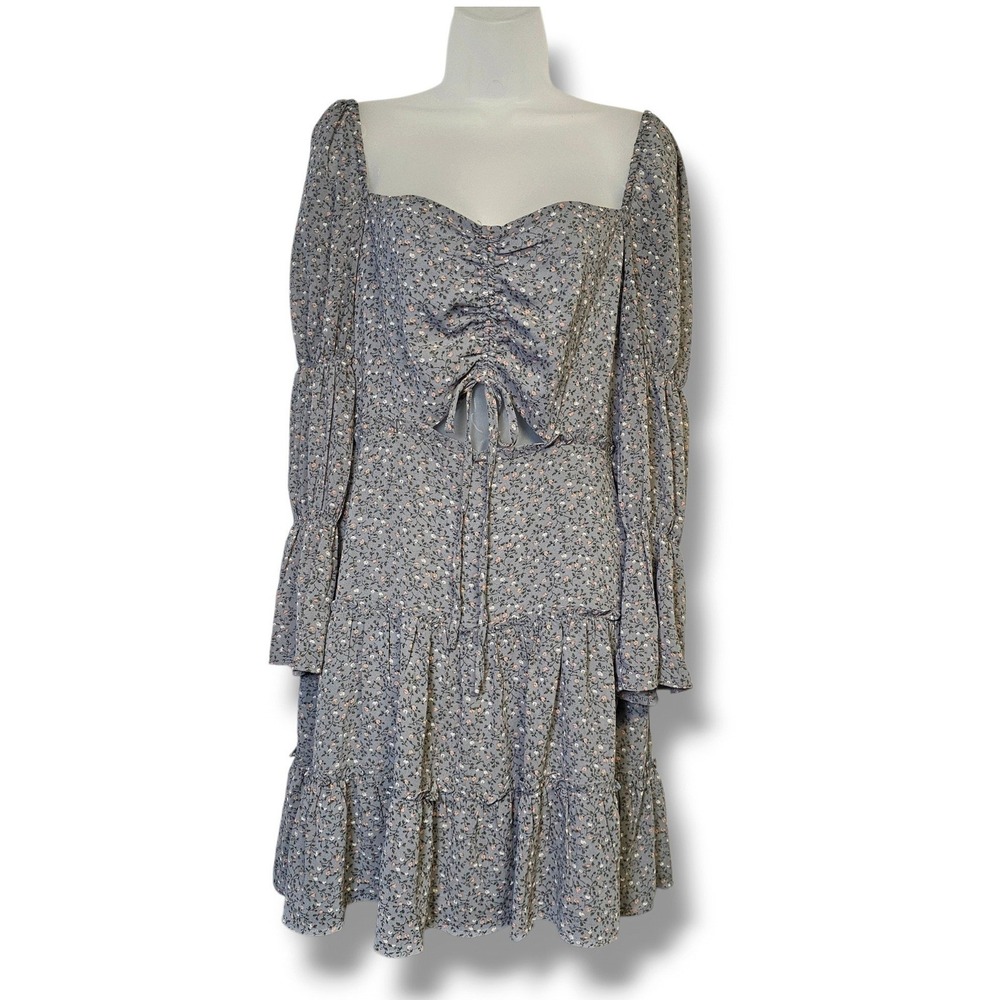 Storia Peasant Dress L Blue Floral Cutout Ruched Tiered Mini Ruffle Garden Party